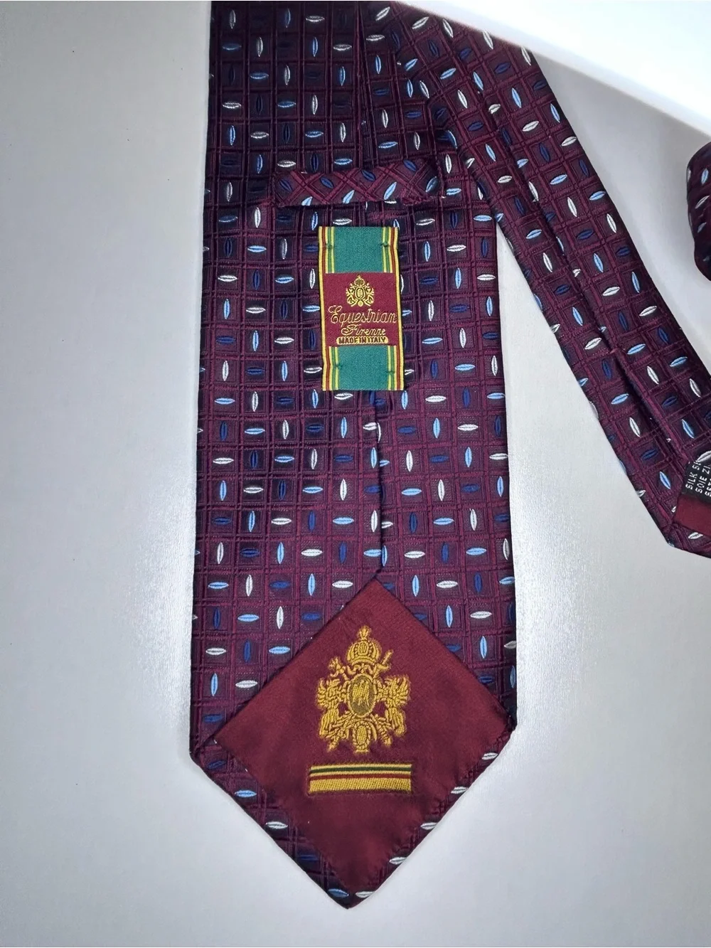 Equestrian Firenze 100% Silk Tie Made in Italy Burgundy Blue Geometric